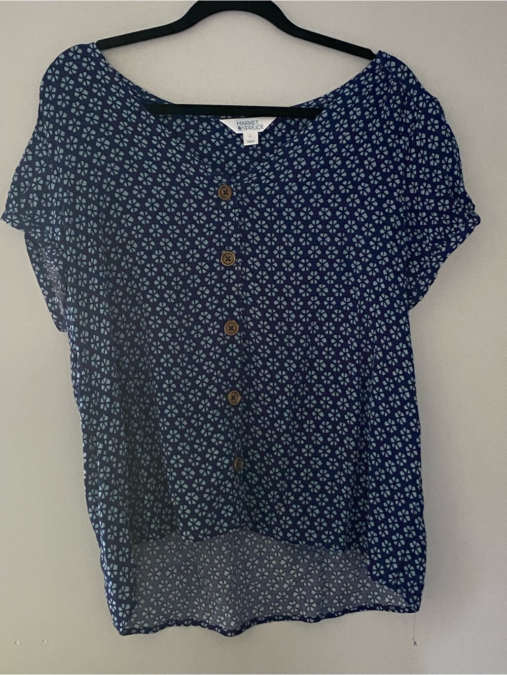 Market & Spruce Navy and White Button-Front Short-Sleeve Blouse